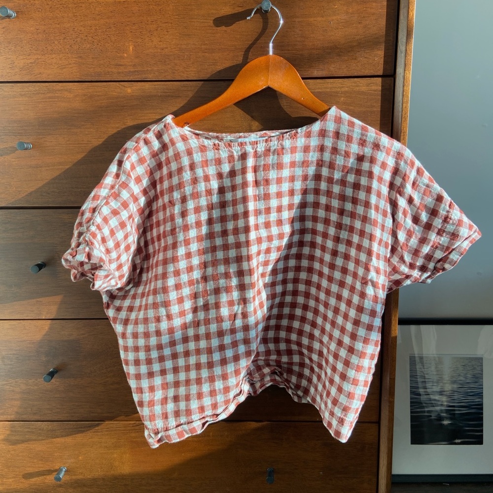Linenfox 100% linen gingham top - terra cotta in xs